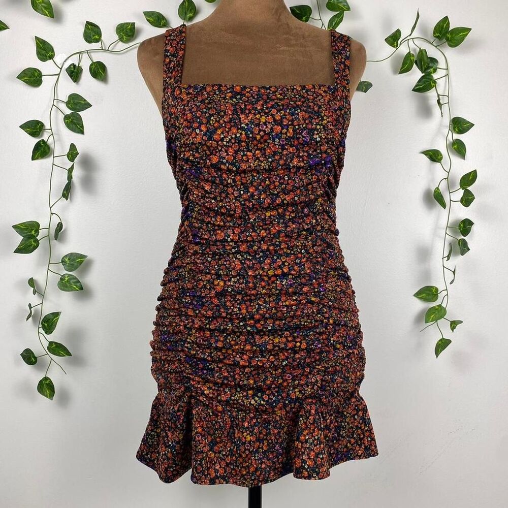 Leith mini ruffle dress bodycon ruched detailing garden fairy tea floral print